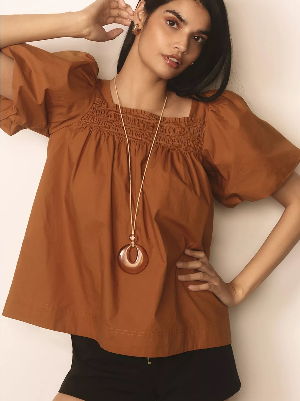 Maeve by Anthropologie Puff Sleeve Acorn Smocked Top Blouse Womens Size Large